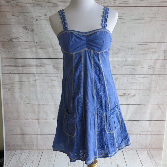 Miss Me Blue Beige Trim Embroidered Lined Sleeveless Summer Dress - Size Small - Picture 2 of 8